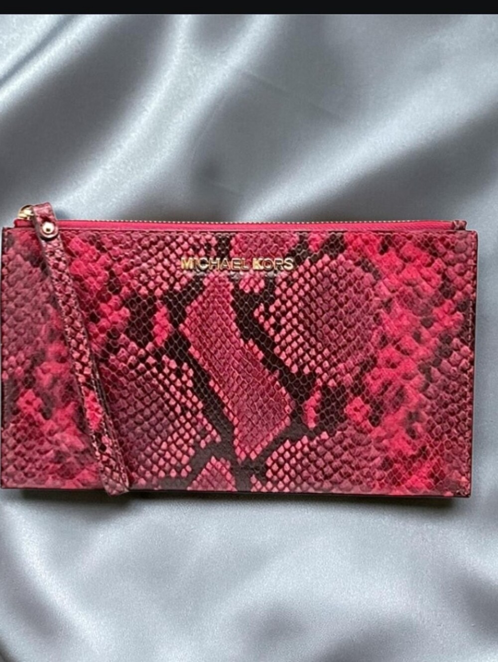 Michael Kors JetSet Embossed Leather Large Snake-Print Zip Wristlet/Clutch